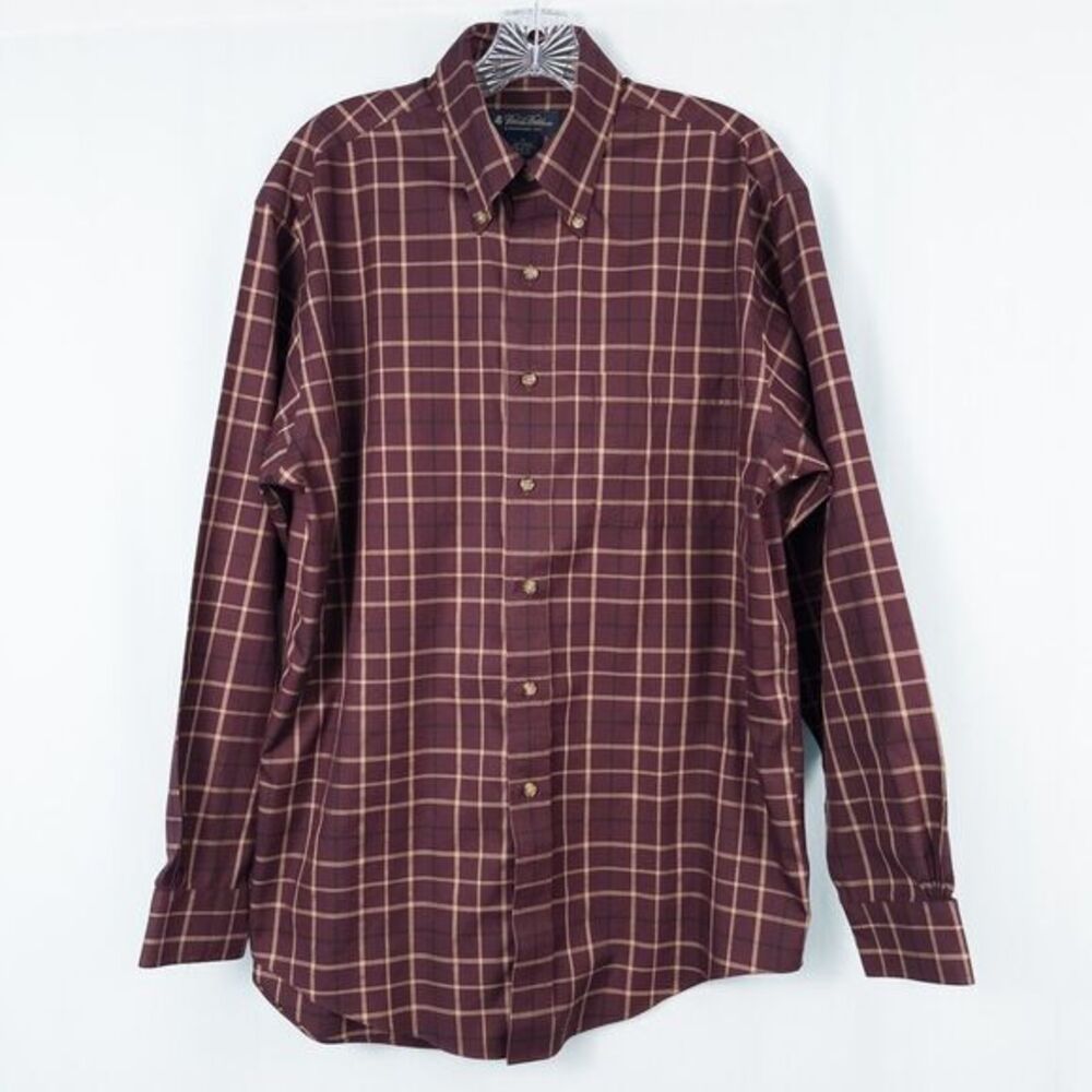 Brooks Brothers Cotton Non Iron Plaid Button Down Shirt Mens Medium Maroon Gold
